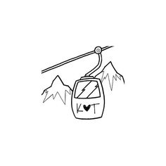 a drawing of a cable car with mountains in the background