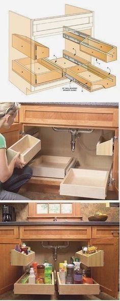 two pictures showing how to install drawers in a kitchen cabinet with the bottom drawer open