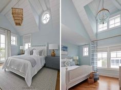 a bed room with a neatly made bed next to a window and a white chair