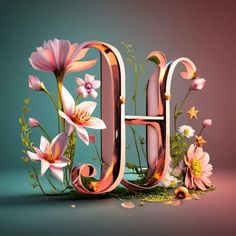 the letter h is made up of flowers and grass on a blue background with pink petals