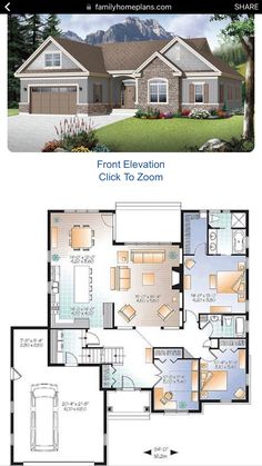 two story house plans with front elevation and second floor plan in the same section,