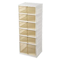 a tall white plastic storage unit with five drawers and four bins on each side