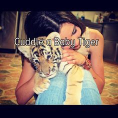 a woman holding a small tiger cub in her lap