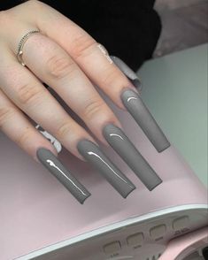 Grey Nails Square Long, Matte Square Nails Long, Xl Solid Color Nails, Plain Xl Acrylic Nails, Grey Long Acrylic Nails Square, Gray Square Acrylic Nails, Long Square Acrylic Nails Gray, Long Grey Acrylic Nails, Grey Long Acrylic Nails