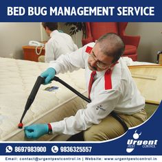 a man in white shirt and blue gloves cleaning mattress