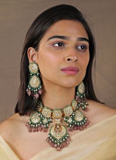 Pink and Green Stone Bridal Choker set Riana by Shikha Jindal - Fabilicious Fashion Elegant Kundan Sets For Ceremonial Occasions, Dual-tone Kundan Temple Jewelry Sets, Festive Dual-tone Chandbali Jewelry Sets, Dual-tone Kundan Chandbali Temple Necklace, Dual-tone Chandbali Kundan Temple Necklace, Bollywood Style Dual-tone Chandbali Jewelry Sets, Elegant Meenakari Sets For Ceremonial Occasions, Festive Dual-tone Kundan Bridal Necklace, Festive Dual-tone Kundan Jewelry Sets