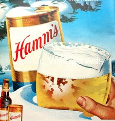 an advertisement for hamm's beer with a hand holding a glass full of beer