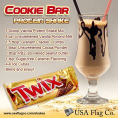 an advertisement for cookie bar protein shake with chocolate and milk in the glass next to it