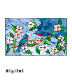 a stained glass window with two blue birds sitting on a tree branch and white flowers