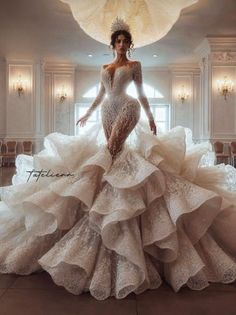 a woman in a wedding dress standing on the floor