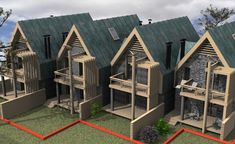 an artist's rendering of a row of wooden houses with balconies on the roof