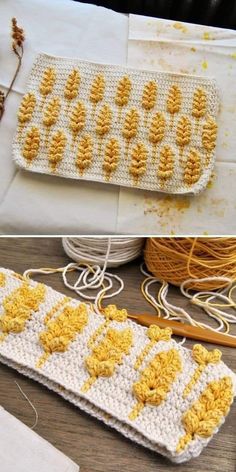 crocheted yellow and white items sitting on top of a table