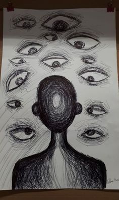 a drawing of an individual's head surrounded by many eyes