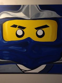 a painting of a lego man wearing a blue helmet and yellow mask with black eyes