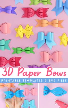 Learn how to make 3D paper bows. These are so cute! Free templates to cut by hand or SVG files for a Silhouette or Cricut machine. Perfect for topping Christmas gifts.   Gift Wrapping | Paper Crafts | Christmas Wrapping | Paper Bows Paper Bow Template Printable, Paper Bow Tutorial, How To Make Paper Bows, Hair Bow Templates Free Printable, Free Bow Template, Paper Bow Template, Paper Crafts Christmas, Paper Bows Diy, Wrapping Paper Bows