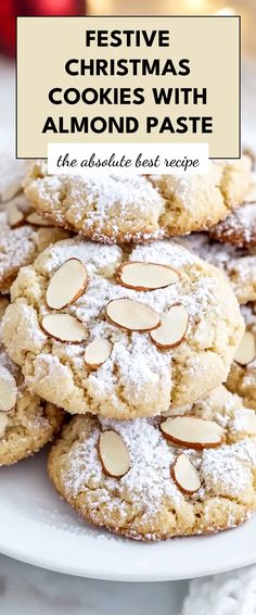 festive christmas cookies with almond paste on a white plate and text overlay reads festive christmas cookies with almond paste the absolute best recipe