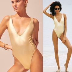 Solid & Striped | Gold Swimsuit High Cut Body Suit This Nwt One Piece Swimsuit Features A Deep V Neckline, Open Back, And Cheeky High-Cut Hips. This Style Is The Michelle Swimsuit/Bodysuit. It’s A Good Shimmery Color. Perfect For A Bachelorette Or Swim Club Vegas Party. Material: 80% Polyamide, 20% Elastane. Lining: 85% Polyamide, 15% Elastane. Made In Morocco. Xs, New With Tags Gold Swimsuit, Swimsuit Body, Vegas Party, Blue One Piece Swimsuit, Knitted Swimsuit, Solid And Striped, Cut Out Swimsuits, Swim Club, Striped One Piece