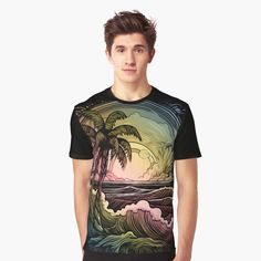 a man wearing a t - shirt with an image of the ocean and palm trees