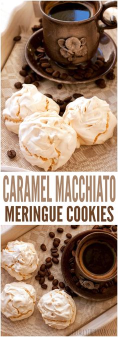 caramel macchiato meringue cookies on a table with coffee and chocolate chips