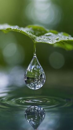 a drop of water that is on top of a green leaf in the middle of some water