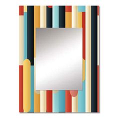 a mirror that is sitting on top of a striped table cloth with an orange, blue, yellow and green stripe pattern