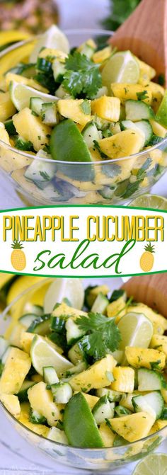 pineapple cucumber salad with limes and cilantro in a glass bowl