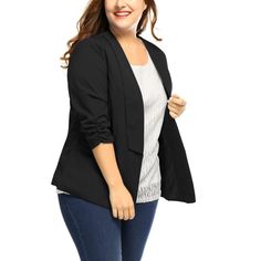 The blazer Jacket for women is a stylish and sophisticated addition to your wardrobe. Made of comfortable materials, this jacket is designed to provide a flattering fit for plus-size women. It features 3/4 pleated sleeves and a shawl collar, adding a touch of elegance to any outfit. Whether you're dressing up for a business meeting or going out for a night on the town, this blazer is versatile enough to suit any occasion. The lightweight design ensures comfort all day long, while the pink color Black 3/4 Sleeve Blazer For Spring, Business Casual Blazer With 3/4 Sleeves For Fall, Black 3/4 Sleeve Blazer For Work, Spring Office Wear Outerwear With 3/4 Sleeves, Plus Size Blazers, Blazers Black, Shawl Collar Blazer, Fashion Formal, Cute Outfits With Jeans