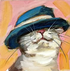 a painting of a cat wearing a blue hat