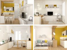 four different pictures of a kitchen and living room with yellow accenting the walls, along with white furniture