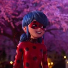 a cartoon character with blue hair wearing a red and black outfit, standing in front of a cherry blossom tree