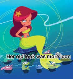 the little mermaid is sitting on top of an ocean floor with other cartoon characters around her