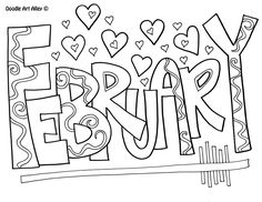 a coloring page with the word friday written in large letters and hearts above it,