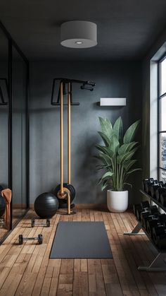 an empty gym with exercise equipment and yoga mats