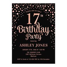 a black and pink birthday party card with confetti on the front, in gold foil