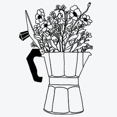 a black and white drawing of flowers in a coffee pot