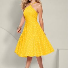 Venus Brand Yellow Swing Dress With White Polkadots. Halter Neck And Smocked Back. Has Tulle Underskirt For Volume. New W/O Tags, Never Worn! **Prompt Acknowledgement Of Delivery With A Rating Is Greatly Appreciated!!** Womens Polka Dot Dress, Modern Vintage Dress, Yellow Polka Dot Dress, Neon Prom Dresses, Vintage Polka Dot Dress, Yellow Midi Dress, Venus Dresses, Casual Day Dresses, Yellow Polka Dot