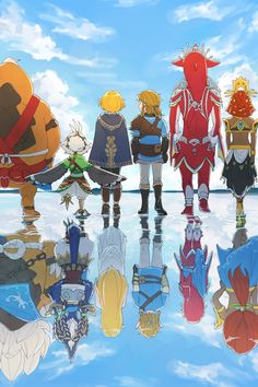 the seven main characters are standing in front of a blue sky with clouds and water