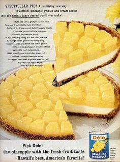 an advertisement for pineapple pie with pieces cut out and ready to be eaten on the table