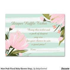 a baby shower ticket with pink flowers and green stripes on the front, in pastel blue