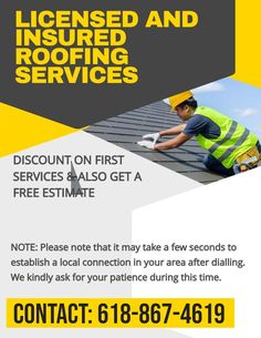 a flyer for a roofing company with an image of a man working on the roof