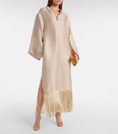 Tigris fringed linen-blend shift dress in beige - Taller Marmo | Mytheresa Elegant V-neck Dress With Tassels, Elegant Linen Dress With Side Slits, Elegant Silk Dress With Fringe, Chic Beige Fringe Dresses, Chic Midi Dress With Fringe, Elegant Midi Dress With Side Slits For Vacation, Elegant Beach Midi Dress With Fringe, Elegant Fringe Dresses For Spring, Elegant Fringe Midi Dress For Summer