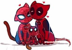 two cats and a spider man sitting next to each other on the ground with hearts in their eyes