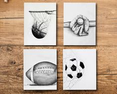 four drawings of different sports items on a wooden table