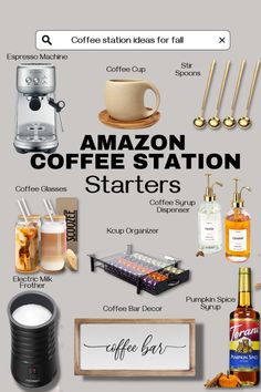 an advertisement for coffee station with various items and drinks on the table, as well as a