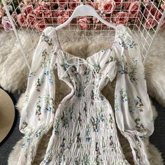 Materials: other Size: s, m, l Color: white, pink White Women Dresses, Spring Dresses Women, Mori Girl Fashion, Long Sleeved Dress, Chiffon Mini Dress, Dress Woman, Floral Robes, Fairytale Dress, Kawaii Shop