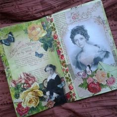 an open book with pictures and flowers on it