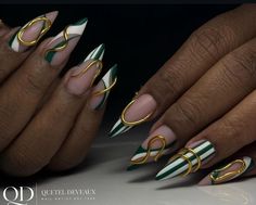 Stiletto Nails Fall Design, Stilleto Nails Fall Design, Green Oval Acrylic Nails, Holiday Nails Stiletto, Fall Stilleto Nail Ideas, Egyptian Nails Designs, Jade And Gold Nails, Almond Stiletto Nails Design, Green Winter Nail Designs