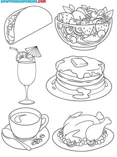 breakfast food and drink coloring pages for kids to print out, including pancakes, coffee, fruit