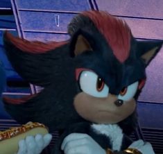 sonic the hedgehog is holding a hot dog