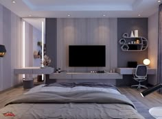 a bedroom with a bed, desk and television on the wall in it's center